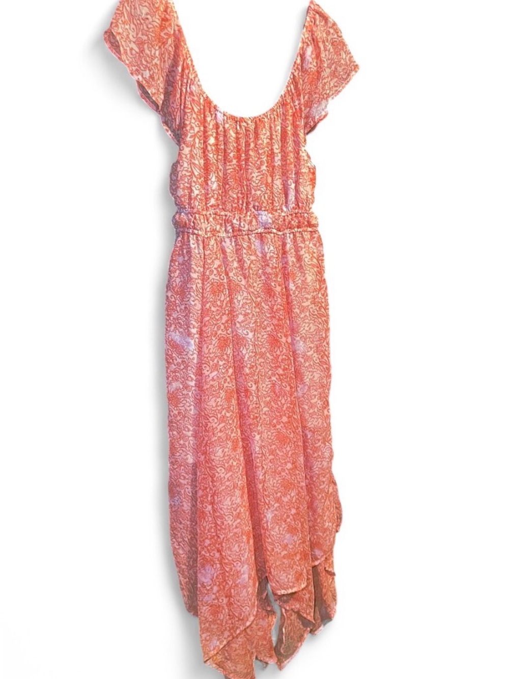 Dizzy Lizzy Coral Orange Paisley Handkerchief Hem Cottagecore Boho Midi Dress XL - Picture 11 of 16
